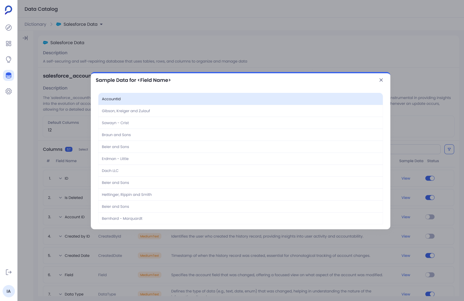 Sample data for a column, shown as a modal over the Dictionary's column list